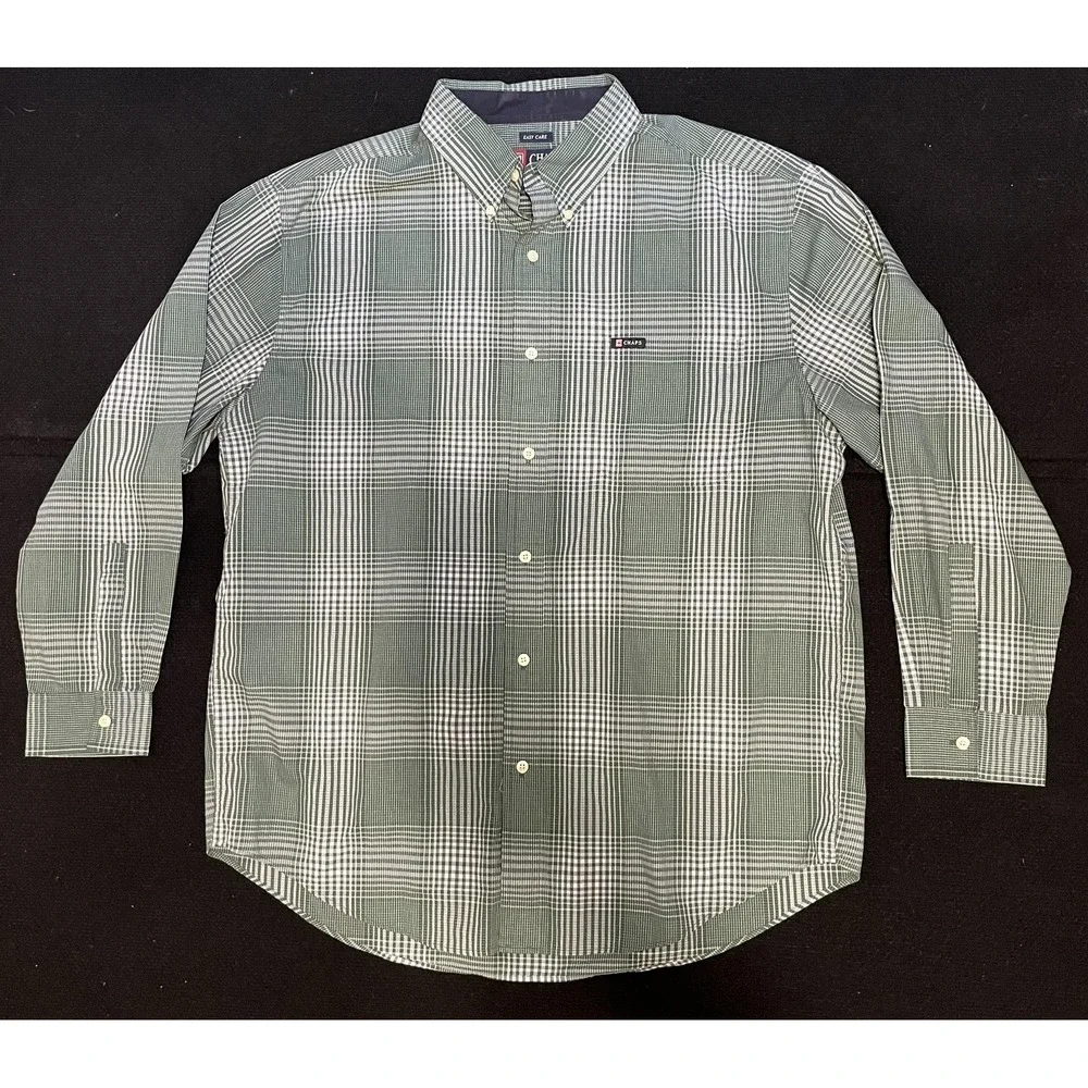Chaps Men's‎ XL Green White Plaid Button Down Long Sleeve Easy Care Cotton Shirt